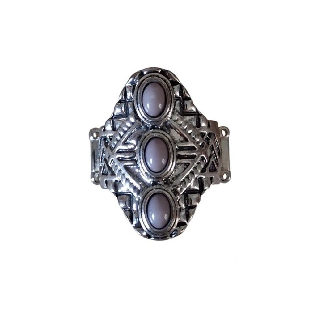 Paparazzi Mayan Motif Silver Toned Metal Gray Beaded Stretch Band Statement Ring